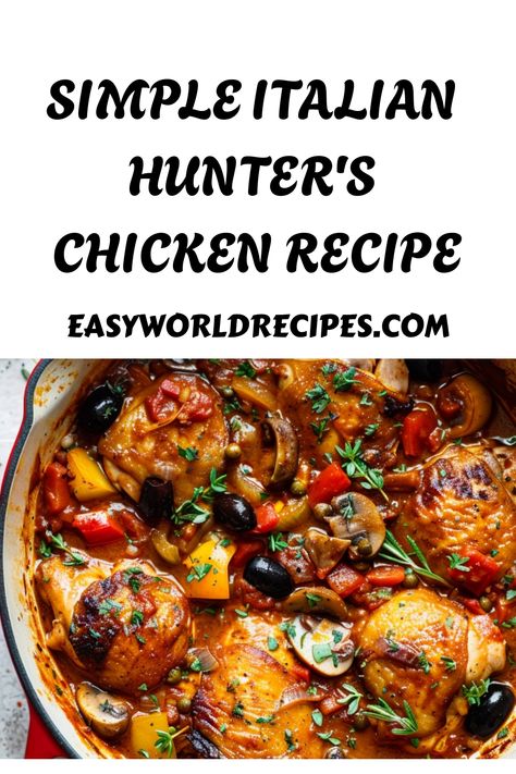 Indulge in the flavors of Italy with Chicken Cacciatore, also known as “Pollo alla Cacciatora.” This comforting dish features tender chicken simmered in a savory tomato and bell pepper sauce. Discover the heartwarming blend of traditional Italian ingredients that make this stew a flavorful delight for your taste buds. Immerse yourself in a culinary adventure by preparing this hearty dish at home and savoring every delicious bite. Chicken Cacciatore Ina Garten, Hunters Chicken Recipe, Italian Chicken Cacciatore, Stew With Chicken, Bell Pepper Sauce, Italian Stew, Italian Main Dishes, Hunters Chicken, Cacciatore Recipes