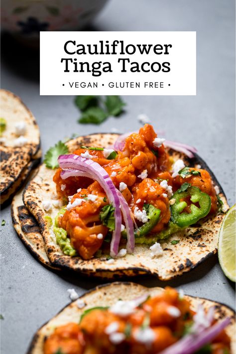 The BEST vegan Cauliflower Tinga Tacos are saucy, smoky and spicy. Ready in under 30 minutes and packed with flavor – add all your favorite toppings and enjoy it! Better than takeout! Cauliflower Tinga, Tinga Tacos, Dinner Vegan, Weekly Dinner, Vegan Dinner Recipes Easy, Super Easy Dinner, Fusion Dishes, Better Than Takeout, Vegan Cauliflower