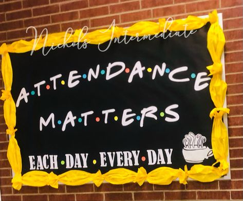 Friends theme bumletin board! Friend Bulletin Board Ideas, Be A Friend Bulletin Board, Friends Teacher Appreciation Theme, Friends Themed Classroom Door, Friends Theme Bulletin Board, Friends Bulletin Board Ideas, Friends Theme Classroom, Attendance Bulletin Board Ideas, Attendance Board Ideas