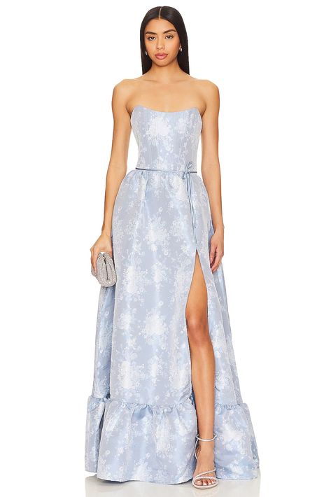 Shop for V. Chapman Charlotte Corset Gown in Denim Blue Windsor at REVOLVE. Free 2-3 day shipping and returns, 30 day price match guarantee. Blue Mother Of The Bride Dresses, Light Blue Formal Gown, V Chapman Dress, Blue Floral Gown, Corset Gowns, Light Blue Formal Dress, Bridesmaids Blue, Moh Dress, V Chapman