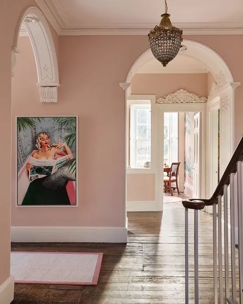 Calamine hallway paint Setting Plaster Hallway Farrow And Ball, Light Pink Hallway, Pale Pink Hallway, Setting Plaster Hallway, Calamine Farrow And Ball Bedroom, Pink Stairwell, Blush Pink Hallway, 1950s Hallway, Period Hallway