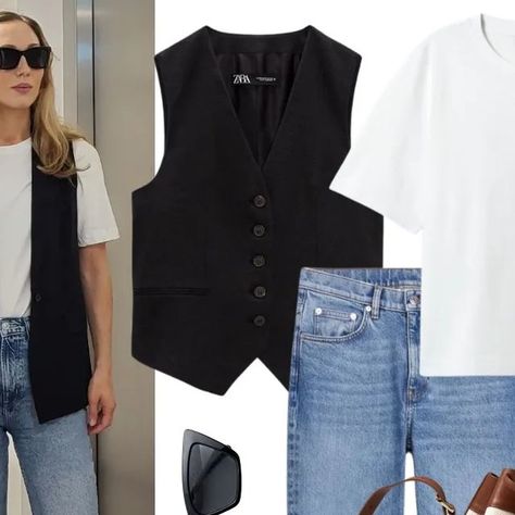 Julia || Simplicity & minimalism on Instagram: "#styleidea: One way to dress up a simple jeans + tshirt look is to wear a waistcoat over it🖤🤍💙 Happy Tuesday everyone 🥰 Waistcoat: @zara Tshirt: @weekdayofficial Jeans: @hm Bag: @paris64world * Sandals: @hm #minimalfashionideas #casualoutfit #ltkstyletip Minimalist look, minimal fashion, style ideas, how to wear it, how to style, casual look, casual style, virtual styling, neutral wardrobe" Waistcoat With Tshirt, Tuesday Outfit Work, Minimal Fashion Style, Zara Tshirt, Jeans Tshirt, Neutral Wardrobe, Denim Waistcoat, Happy Tuesday Everyone, Outfit Work