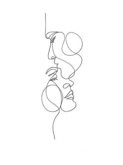 Man And Woman Face Line Tattoo, Face Sillouhette Tattoo, Man Kissing Woman On The Forehead, Fine Line Face Drawing, Line People Tattoo, 2 Faces Tattoo Line, Intertwined Tattoo Ideas, Two People Hugging Tattoo, Line Work Face Tattoo