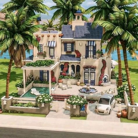 Sims Vacation House, Greek House Bloxburg, Ts4 House Ideas, Sims 4 Backyard Ideas, Sims 4 Oasis Springs, Sims4 House, Sims 4 Houses Layout, Oasis Springs, The Sims 4 Lots