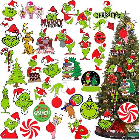 AmazonSmile: LEESKY 60Pcs Grinch Christmas Tree Decorations Ornaments - Hanging Ornament Whoville for Indoors Home Decor : Home & Kitchen Grinch Tree Ornaments, Grinch Room, Green Red Christmas Tree, Red Christmas Tree Decorations, Grinch Christmas Ornaments, Grinch Themed Christmas, Grinch Christmas Decor, Grinch Funny, Jeep Christmas