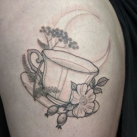 teacup tattoo • Instagram Teacup And Saucer Tattoo, Teacup And Book Tattoo, Tea Pot And Cup Tattoo, Simple Teacup Tattoo, Spooky Floral Tattoo, Teabag Tattoo, Cup Of Tea Tattoo, Teacup Drawing, Victorian Tattoos