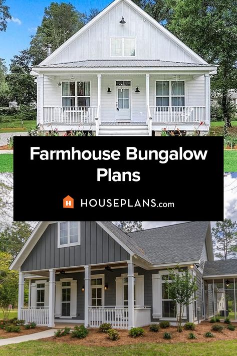 Bungalow Farmhouse Plans, Cute Bungalow Homes, Bungalow Farmhouse Exterior, Farmhouse Bungalow Floor Plans, Bungalow Homes Plans, Bungalow Floor Plans One Story, Bungalow With Porch, Affordable House Plans To Build, Unique Farmhouse Plans