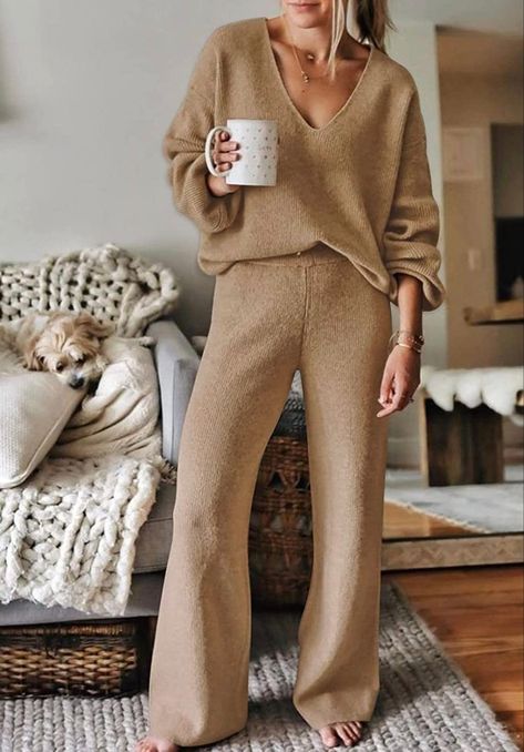 Viottiset Women's 2 Piece Outfits Casual V Neck Knit Wide Leg Sweater Lounge Set Sweatsuit Sweater Lounge Set, Two Piece Pants Set, Traje Casual, Lazy Days, Women Set, Fashion Colours, Fashion Mode, Two Piece Outfit, Two Pieces