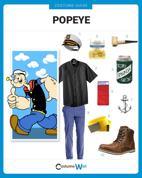 The best costume guide for dressing up like Popeye the Sailor Man, the spinach-eating cartoon who used his big muscles to save Olive Oyl. Diy Popeye Costume, Imagine Festival, Olive Oyl Costume, Popeye Costume, Costume Wall, Dad Costume, Cartoon Costume, Popeye And Olive, Best Costumes