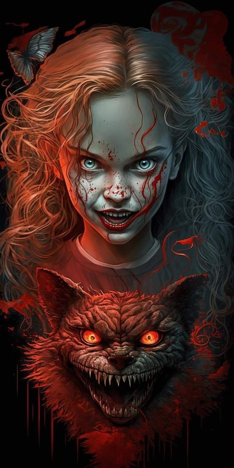 Evil Alice, Panther Pictures, Dark Alice In Wonderland, Alice In Wonderland Artwork, Wonderland Artwork, Hobbit Art, Evil Girl, Creepy Cat, Colored Pencil Artwork