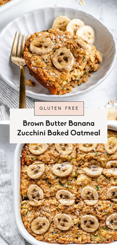 Cozy and nutritious banana zucchini baked oatmeal with warming, toasty flavors of brown butter in every bite. This healthy banana zucchini baked oatmeal recipe is naturally sweetened, perfect for kids and toddlers as a breakfast or treat, and is freezer friendly for quick and easy mornings! #oatmeal #bakedoatmeal #healthybreakfast #glutenfree #banana #zucchini Zucchini Baked Oatmeal, Zucchini Oatmeal, Banana Zucchini, Zucchini Banana, Baked Oatmeal Recipe, Banana Baked Oatmeal, Ambitious Kitchen, Baked Oatmeal Recipes, Oatmeal Recipe