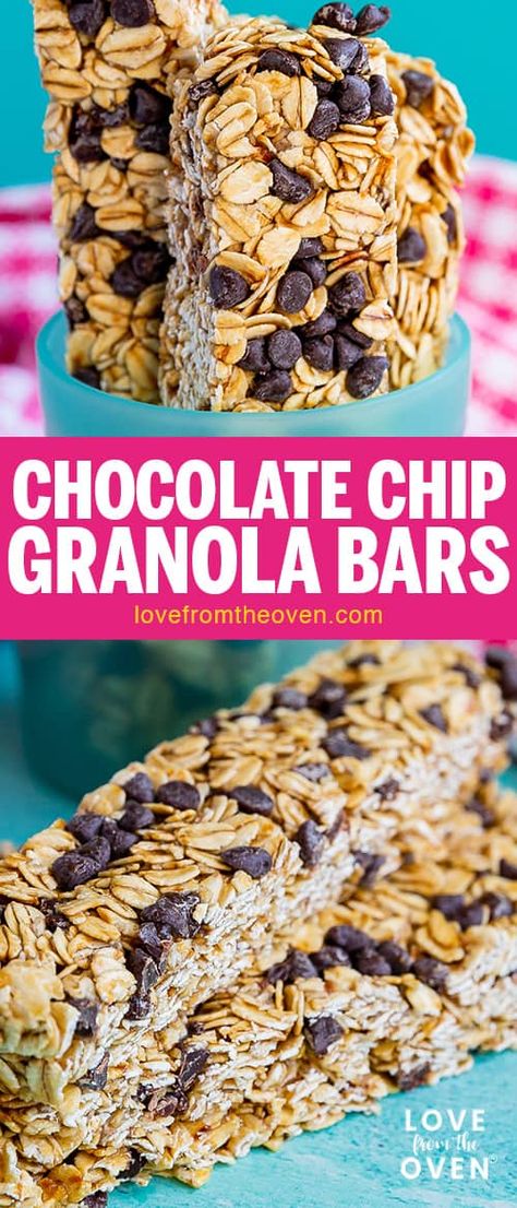 Homemade Chocolate Chip Granola Bars, Chocolate Chip Granola Bar Recipe, Chewy Chocolate Chip Granola Bars, Make Granola, Chocolate Chip Granola, Chocolate Granola Bars, How To Make Granola, Love From The Oven, Chocolate Chip Granola Bars