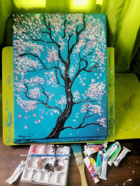 Acrylic Paint On Canvas, Sakura Cherry Blossom, Paint On Canvas, Acrylic Painting Canvas, Acrylic Art, Bubble Gum, Acrylic Paint, Cherry Blossom, Starry Night