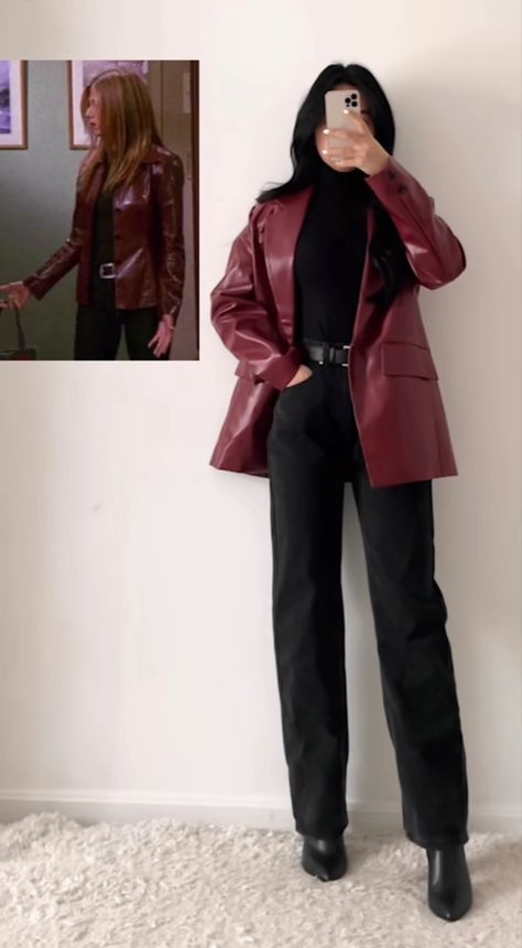 Red Leather Jacket Outfit, Rachel Green Outfits, Office Fits, Oversized Fashion, 90s Inspired Outfits, Green Outfits, Leather Jacket Outfits, Work Fits, Looks Street Style