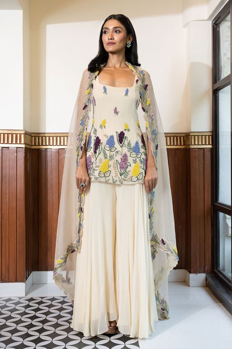 Buy Cream Georgette Embroidery Stones Floral Bloom Kurta Sharara Set For Women by MEHAK SHARMA Online at Aza Fashions. Embroidery Stones, Organza Sharara, Bloom Embroidery, Indian Bridesmaid Dresses, Kurta Sharara Set, Diwali Outfits, Kurta Sharara, Traditional Dresses Designs, Desi Fashion Casual