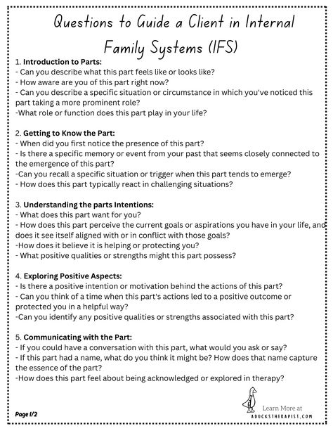 Questions to ask in IFS Therapy to understand ‘parts’ of ourselves. — A Ducks Therapist Questions To Ask As A Therapist, Ifs Therapy Parts, Ifs Parts Mapping, Parts Work Therapy, Therapy Check In Questions, Ifs Parts, Career Manifestation, Ifs Therapy, Therapy Skills