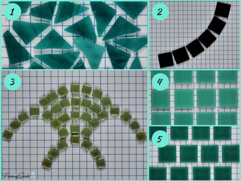 Most Common Ways of Working a Mosaic: 1 Opus palladianum, 2 Opus vermiculatum, 3 Opus circumactum, 4 Opus regulatum and 5 Opus tessellatum.  @FanningSparks Serving Up My OOAK Mosaic Tray – FanningSparks Opus Vermiculatum, Mosaic Art Supplies, Mosaic Mirror Frame, Green Spray Paint, Mosaic Tray, Crazy Paving, Fern Frond, Mosaic Tile Art, Mosaic Ideas