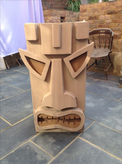 Best Tiki mask! Cardboard Tiki Mask, Diy Tiki Mask Cardboard, Diy Tiki Mask, Cardboard Tiki, Tiki Diy, Mask Cardboard, Cardboard Masks, Tiki Faces, Cardboard Mask