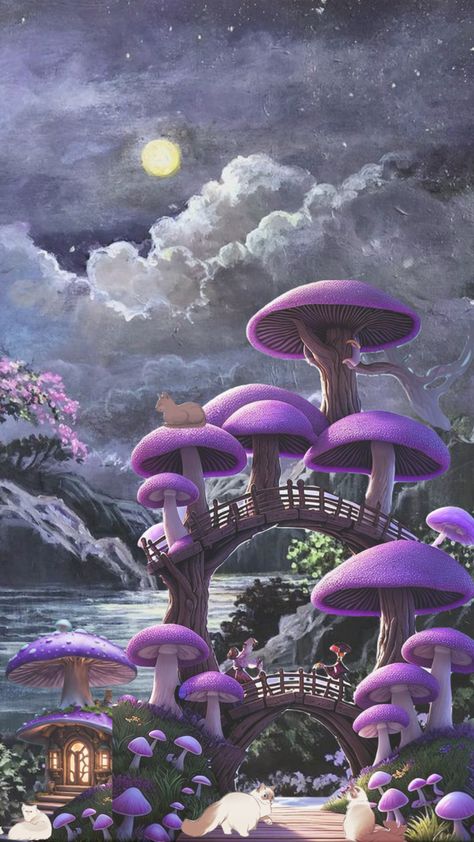 #purple #wallpaper #vintage #cats #mushrooms #art #vibes #nature #fyp #fantasy Purple Wallpaper Vintage, Purple Mushrooms, Mushrooms Art, Vintage Cats, Wallpaper Vintage, Fairy Land, Purple Wallpaper, Stuffed Mushrooms, Purple