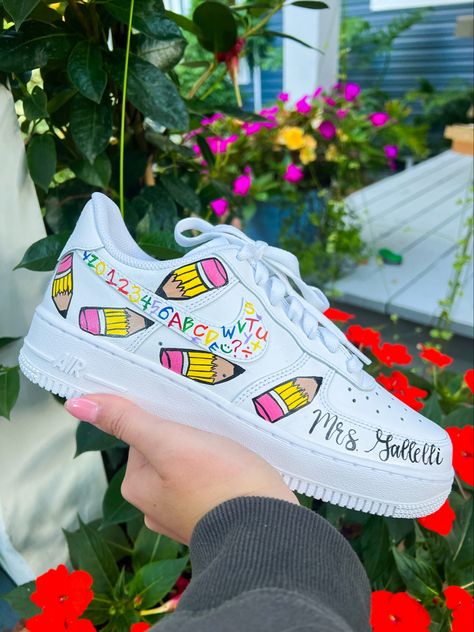 Teacher sneakers, fall sneakers, teacher outfits, outfit ideas for teachers, custom shoes Teacher Sneakers Diy, Preschool Teacher Graduation Outfit, Elementary Outfits Teachers, Cute Teacher Shoes, February Teacher Outfits, Teacher Graduation Dress, Teacher Shoes Painted, Teacher Painting Ideas, Preppy Teacher Outfits