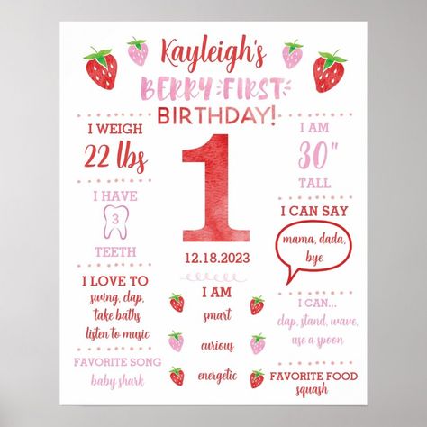 Berry First Birthday Milestone Poster  Zazzle Berry 1st Birthday, First Birthday Milestone, First Birthday Posters, Berry First Birthday, Baby Birthday Themes, 1st Birthday Party Decorations, Strawberry Party, Birthday Milestone, Milestone Poster