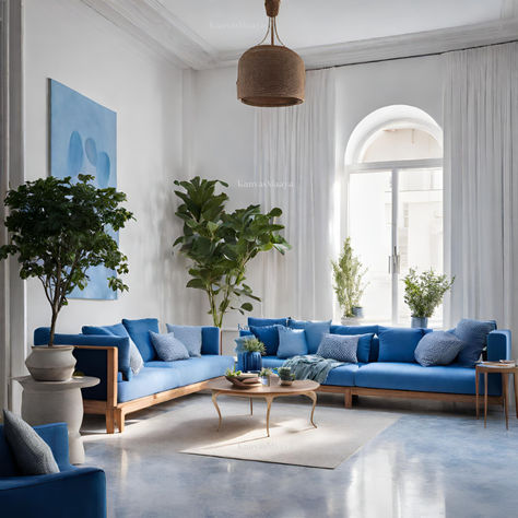 Blue home decor; Greek Modern Interiors; AIGeneratedArt; Minimalist; Furniture; indoorplants. Greek Home Decor Interior Design, Living Room Greek Style, Greece Living Room, Greece Living, Greek Interior, Greek Style Home, Greek Home Decor, Teal Couch, Greek Homes