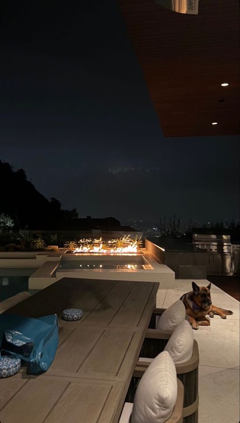 Los Angeles cozy evening outside with a german shepherd , infinity pool view over DTLA cream pillows earth tones interior design outdoor design fireplace California n Las Angeles Apartments, California Mansion Aesthetic, Penthouse In Los Angeles, Los Angeles Houses Aesthetic, Los Angeles Aesthetic House, Los Angeles House View, Los Angeles House Interior, Los Angeles Mansion Aesthetic, Los Angeles Penthouse Luxury