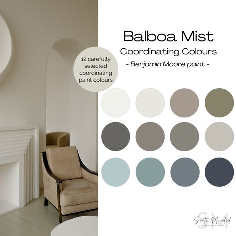 Balboa Mist Color Palette, Balboa Mist Coordinating Colors, Balboa Mist Benjamin Moore, Painting House Interior, Paint Sheen Guide, Color Palette Paint, Benjamin Moore Balboa Mist, Whole House Color Palette, Coordinating Paint Colors