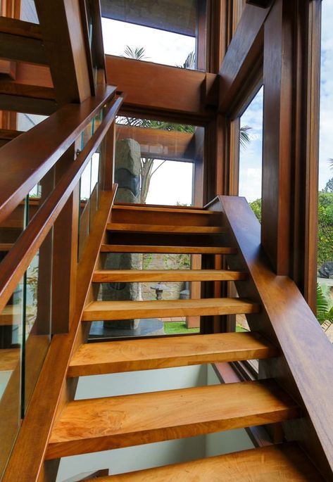 Teak Wood Stair Treads & Floor Transitions | IndoTeak Design todd contract Modern Tropical Stairs, Floating Stairs Traditional, Teak Staircase, Bamboo Stairs Staircases, Hardwood Stair Treads, Staircase Design Wooden Glass Railing, Wood Stair Treads, Hardwood Stairs, Wood Staircase