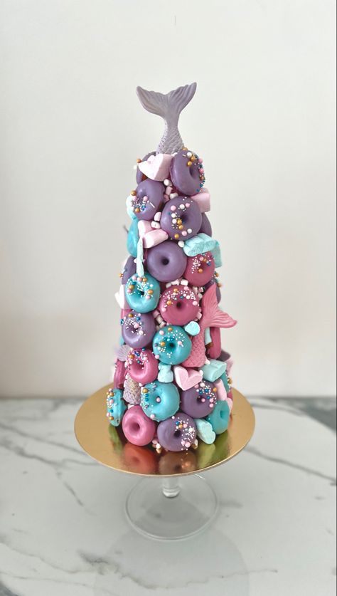 Mermaid, donuts, tails, donut tree, donut tower, sweet table, decor, sweet decor, marshmallow Mermaid Sweets Table, Mermaid Sweet Table, Mini Donut Tower, Mermaid Donuts Ideas, Donat Tower, Mermaid Dessert Table, Donuts Ideas, Donut Birthday Cake, Donut Decorating Ideas