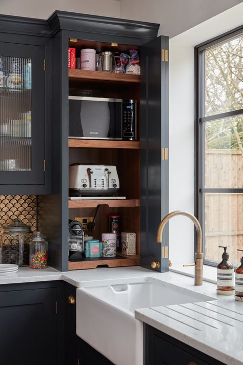 Design: Bespoke Coffee and Tea Stations — Herringbone Coffee Cubby Kitchen, Kitchen Tea Coffee Station, Tea Coffee Station, Coffee And Tea Bar, Herringbone Kitchen, Coffee Station Kitchen, Hidden Pantry, Coffee Bar Design, Tea Station