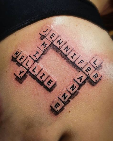 Scrabble Tattoo, Brick Tattoo, Puzzle Tattoo, Puzzle Tattoos, Small Hand Tattoos, Word Puzzles, Hand Tattoos, Workout Videos, Tatting