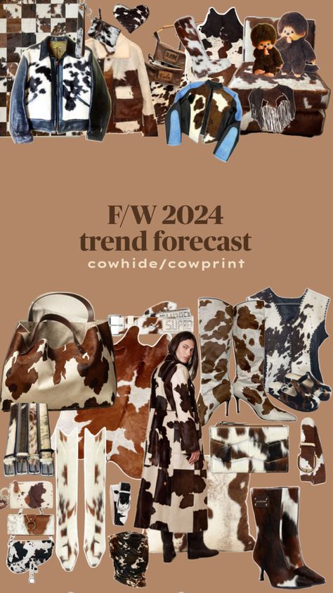 brown cow print neutrals 2024 fall/winter trend forecast fall trends shopping fashion collage Brown Graphic Print Outerwear For Fall, Brown Cow Print Outfit, Brown Cow Print Jeans, Leopard Print Trend 2024, Cow Print Outfit, Casual Fall T-shirt With Cow Print, Brown Cow Print, Trend Forecast, Brown Cow