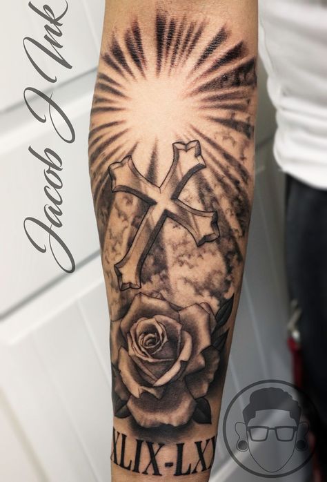 Cross And Dove Tattoo For Men, Rose And Cross Tattoos For Men, Rose Quarter Sleeve Tattoo, Men’s Rose Tattoo, Cross Tattoo Sleeve, Quarter Sleeve Tattoo For Men, Sleeve Tattoo For Men, Quarter Sleeve Tattoo, Religous Tattoo