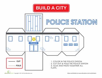 Worksheets: Build a City: Police Station Build A Town Free Printable, Build A City Printable Free, Building Crafts For Kids, Building Paper Craft, Paper City Printable, Build A City, Paper House Template, House Template, Paper Toys Template