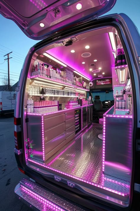 Mobile Van Business, Spa Bus, Magic Places Fantasy Dreams, Mobile Fashion Truck, Mobile Nail Salon, Mobile Beauty Salon, Pink Bus, Beauty Van, Mobile Spa