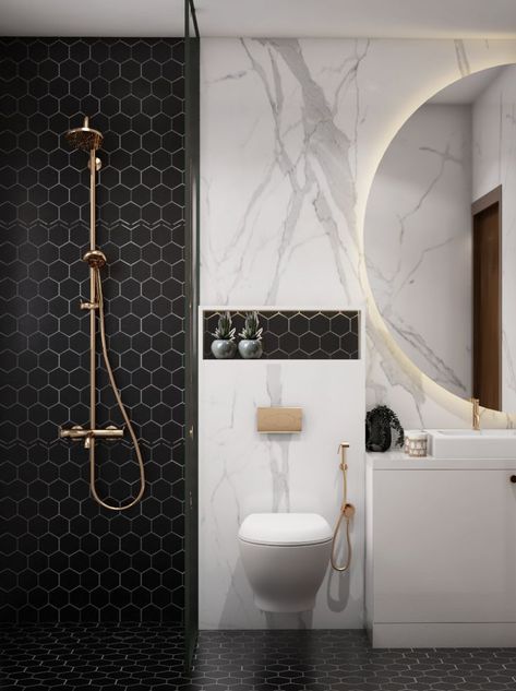 Black And White Bathroom Design Mirror With Seat, Bathroom Design Concept, Bathroom Tile Concepts, Indian Bathroom Tiles Design Ideas Small Spaces, Light Colour Bathroom Ideas, Bathroom Ideas Modern Colour, Black And White Washroom Ideas, Indian Toilet Tiles Design, Bathroom Niches Designs