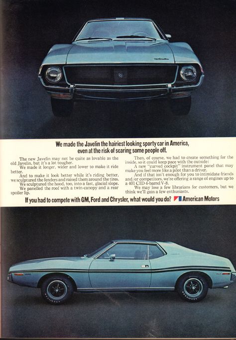 American Motor Company, Muscle Car Ads, American Motors Corporation, Amc Javelin, Automobile Advertising, Pontiac Lemans, Car Lot, American Motors, Car Advertising