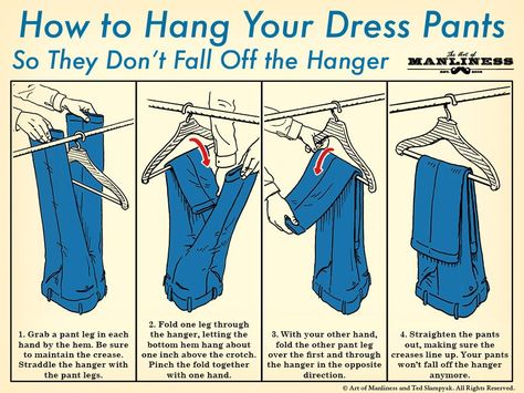 How To Hang Your Dress Pants (So They Don’t Fall Off The Hanger)  #stylehack Sweater Hangers, Organiser Son Dressing, Hanging Pants, Diy Organizer, Clothes Closet Organization, Hanger Diy, Dresses By Color, Art Of Manliness, Clothes Organization Diy