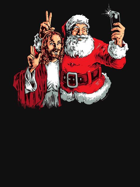 "Jesus Santa Selfie" T-shirt by nayaka #Aff , #sponsored, #Santa, #Jesus, #Selfie, #nayaka Funny Santa Pics, Praying Santa Claus, Santa And Jesus, Baby Jesus Meme, Christmas Spirit Meme Funny, Pointing Fingers, Santa Memes Funny, Jesus Funny, Snapchat Funny