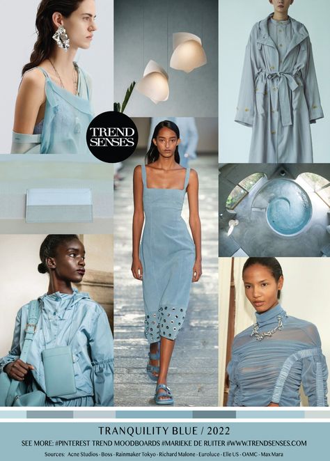 TRANQUILITY BLUE // 2022 – Trendsenses - Sources: Acne Studios – Boss – Rainmaker Tokyo – Richard Malone – Euroluce – Elle US – OAMC – Max Mara Fashion Trending Moodboard, 2022 Fashion Trends, Colour Trend, Tranquil Blue, Fashion Trend Forecast, Color Trends Fashion, Fashion Forecasting, 2022 Trends, Spring Summer Trends