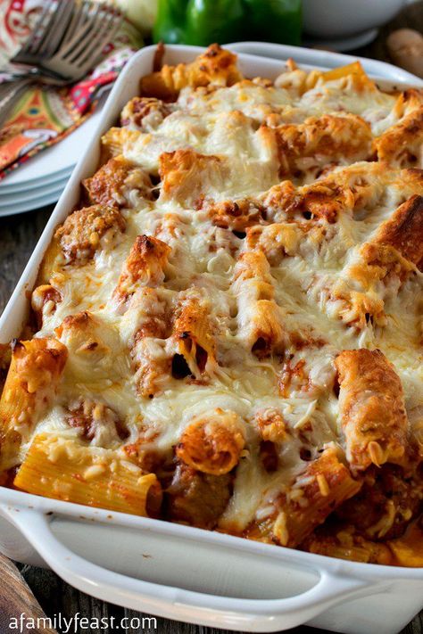 Three Cheese Baked Ziti with Meatballs and Sausage - A fantastic dish that is quick to prepare and great for feeding a crowd. @jvillesausage #SundaySausage #ad Baked Mostaccioli Recipe Ground Beef, Ziti With Meatballs, Cheese Baked Ziti, Baked Ziti With Meatballs, Mostaccioli Recipe, Mostaccioli Pasta, Baked Mostaccioli, Barbecue Meatballs, Baked Ravioli