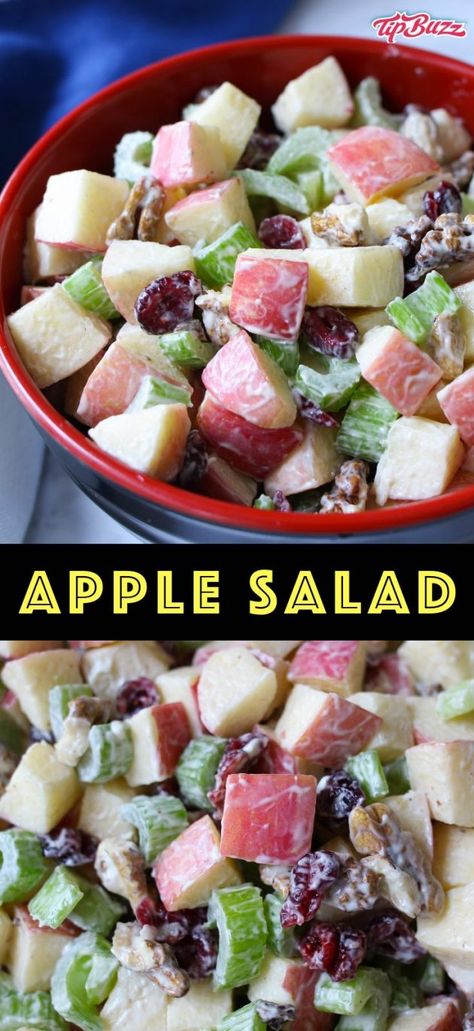 This easy apple salad comes together in about 10 minutes using simple ingredients: apples, walnuts, celery, raisins and mayonnaise or yogurt as a dressing. It's the perfect vegetarian side dish for parties, potlucks, barbecues and and more. Healthy Apple Salad Recipes, Healthy Apple Salad, Apple Salad Recipe Healthy, Easy Apple Salad, Salad Recipes Healthy, Vegetarian Side Dish, Celery Salad, Apple Salad Recipes, Vegetarian Sides