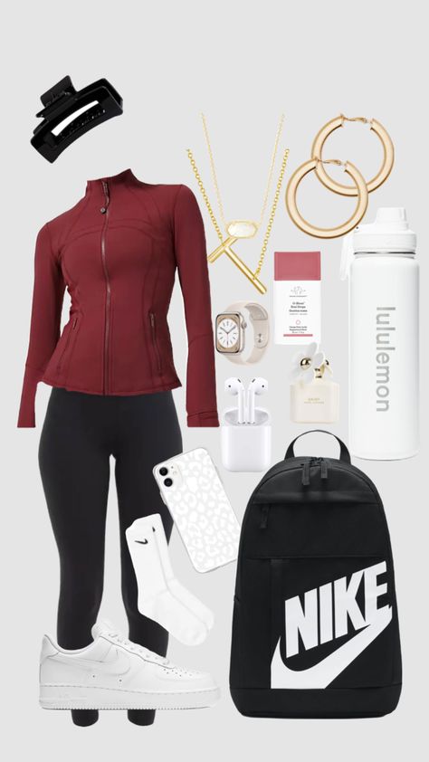 Red Merlot Lululemon Outfit, How To Style Red Lululemon Shorts, Red Lululemon Outfit, Lululemon School Outfit, Lululemon Leggings Outfit Casual, Red Lululemon Leggings Outfit, Lululemon Fall Outfit, Shuffles School Outfits, Cute Lululemon Outfits For School