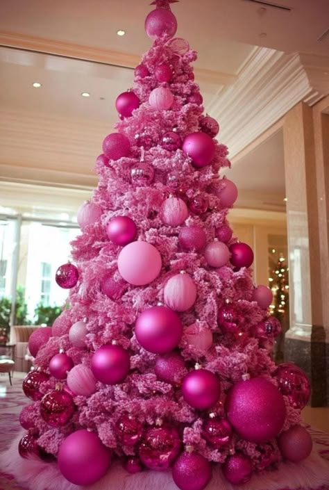 Hot Pink Christmas Tree, Lush Snow Fairy, Hot Pink Christmas, Pink Christmas Lights, Barbie Christmas Tree, Pink Christmas Tree Decorations, Pink Christmas Decor Ideas, Different Christmas Trees, Pink Christmas Decor