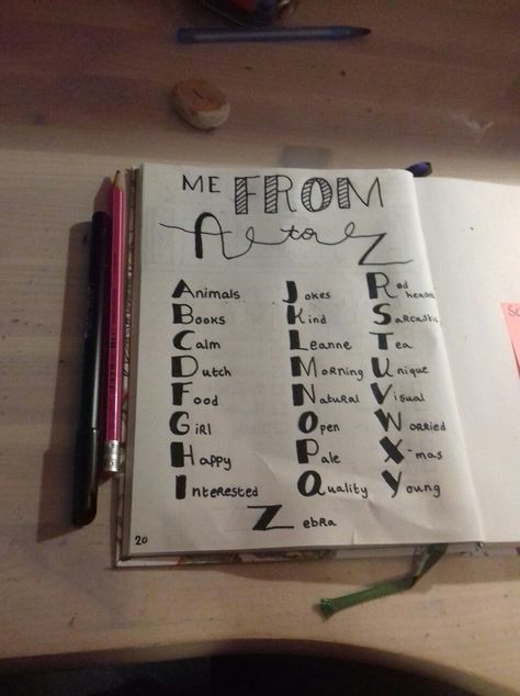 Me from A to Z Follow my insta--> @bujowithducks Me From A To Z Ideas, Doodling My Day, Bullet Journal Goals Layout, Me From A To Z, Dairy Idea, Bullet Journal Topics, Bullet Journal Prompts, Bullet Journal Lists, Journal Topics