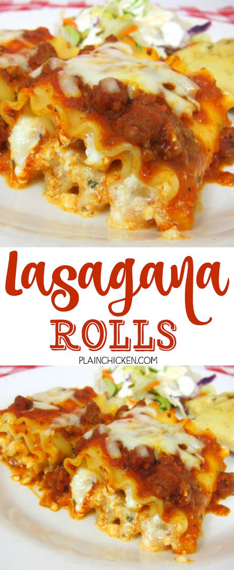 Lasagna Rolls Recipe - Lasagna noodles, topped with cheeses, rolled up and topped with sauce and mozzarella - great make-ahead meal. Can also freeze unbaked. No Meat Lasagna Roll Ups, No Meat Lasagna, Pasta Recipes No Meat, Recipes No Meat, Meat Pasta Recipes, Meat Lovers Recipes, Plain Chicken Recipe, Lasagna Rolls Recipe, Recipe Lasagna