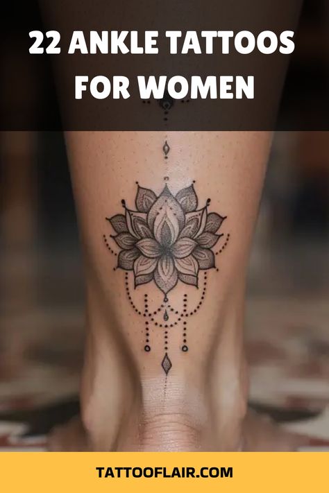 Discover elegant and meaningful ankle tattoo ideas for women. Explore unique ankle tattoo designs that are stylish and classy. Find inspiration for your next ankle tattoo with these creative female ankle tattoo ideas. From delicate designs to intricate patterns, there's something for every woman looking to adorn her ankles with a beautiful piece of art. Elevate your style and express yourself with the perfect ankle tattoo that resonates with you. Creative Ankle Tattoos, Tattoo On Back Of Ankle For Women, Cover Up Tattoos Ankle For Women, Lotus Ankle Tattoos For Women, Above Ankle Tattoos For Women, Ankle Tattoo Ideas Female, Ankle Charm Bracelet Tattoo, Back Ankle Tattoos For Women, Heel Tattoos For Women