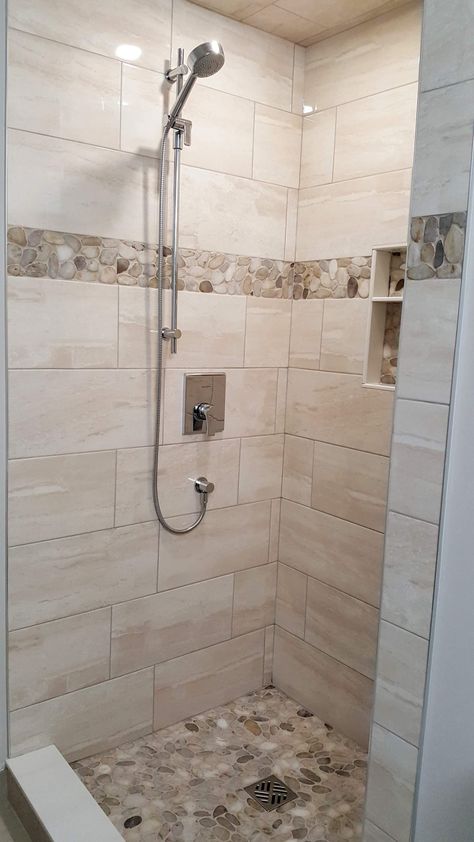 Natural Color Shower Tile, Neutral Tiled Shower Ideas, Light Shower Tile, Tub To Shower Remodel Before And After, Bathroom Tile Ideas Beige, Pebble Shower Ideas, Bathroom Wall Tiles Design Shower Ideas, Neutral Tile Shower Ideas, Small Shower Renovation