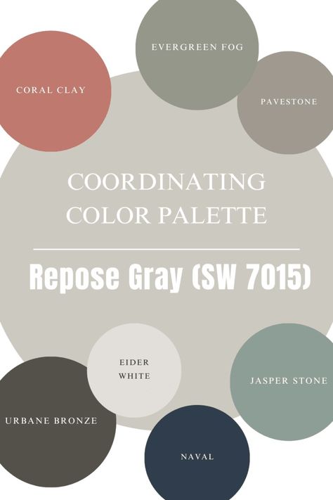 Sherwin Williams Repose Gray (SW 7015) | Paint Color Review - Building Bluebird Sherwin Williams Gray Color Palette, Complementary Colors To Repose Gray, Repose Gray Trim And Doors, Repose Gray Complimentary Colors, Repose Gray Sherwin Williams Coordinating Colors, Evergreen Fog And Repose Gray, Mindful Grey Coordinating Colors, Repose Gray Living Room Decor, Accent Colors For Repose Gray